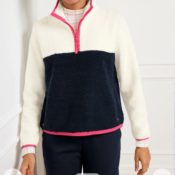 TALBOTS TEDDY SHERPA HALF-ZIP COLORBLOCK PULLOVER Petite medium NWT - Picture 1 of 5